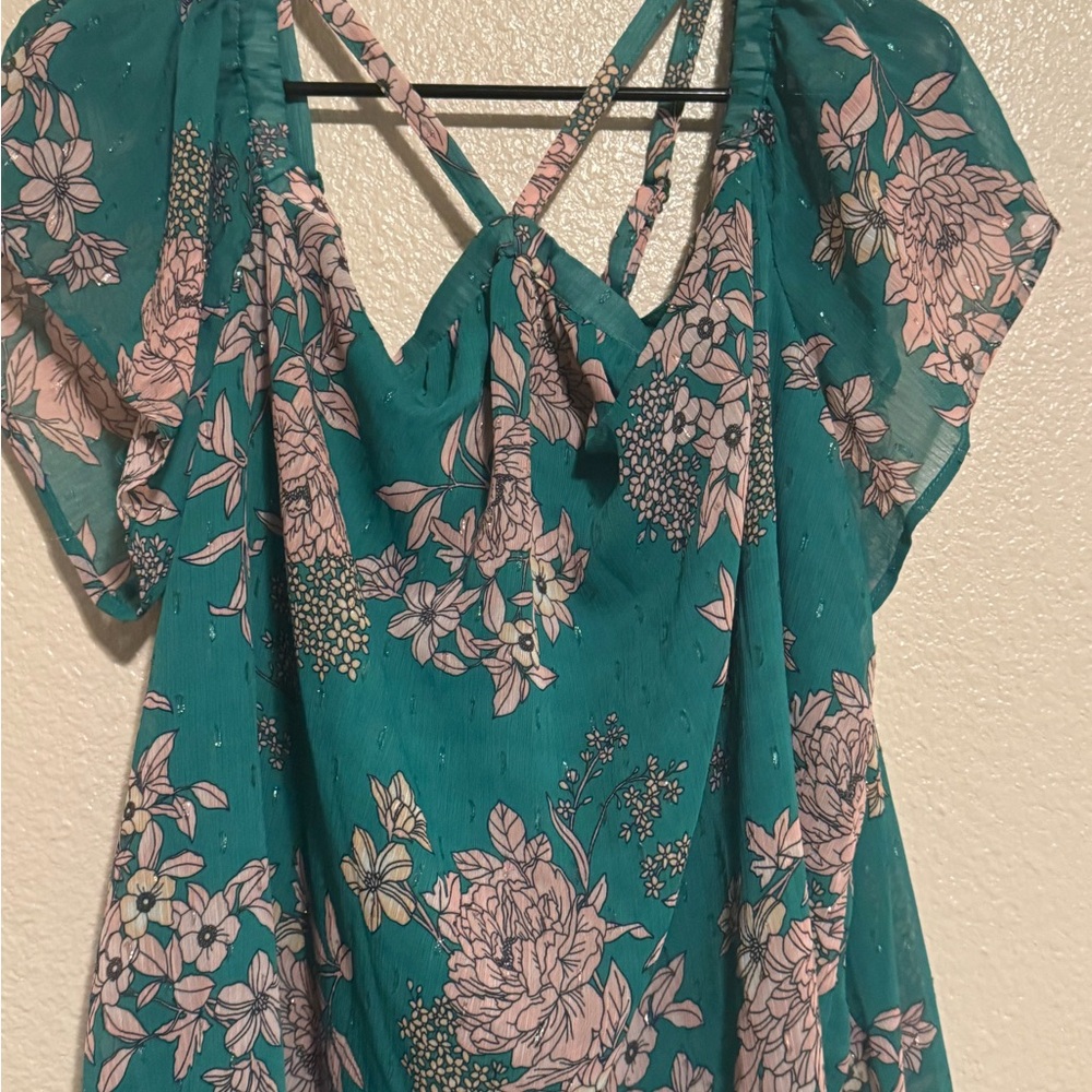 Torrid Teal and Pink Floral Blouse
